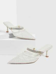 CUCCOO SZL Tacones altos tipo salón con punta puntiaguda, malla y strass, de estilo casual para ir al trabajo. Adecuados para bodas, fiestas y eventos de noche - Blanco - Ver 2