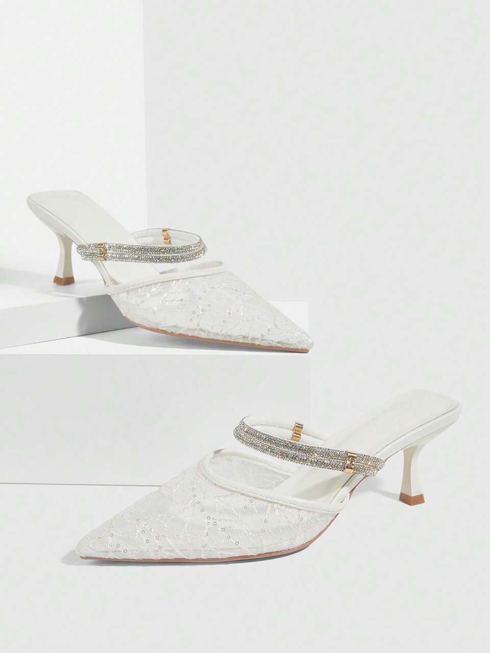 CUCCOO SZL Casual Commute Pointed Toe Mesh Rhinestone Slip-On High Heel Pumps For Women, Suitable For Wedding, Party, Evening Wear Spring Shoes