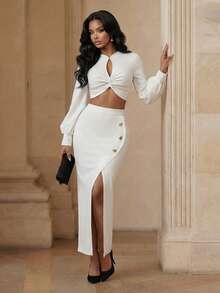 Anewsta Women's Floral Button Design Split Hem Elegant Skirt - White - View 6