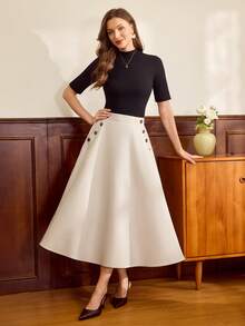 Vintamour Vintage Elegant Floral Skirt, Spring/Summer Fitted Button Decor Pocket A-Line Skirt, Light Khaki - Khaki - View 5