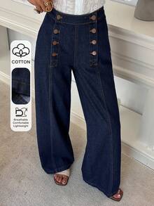 DAZY Women's Solid Color Metal Buckle Decor Casual Jeans - Blue - View 1