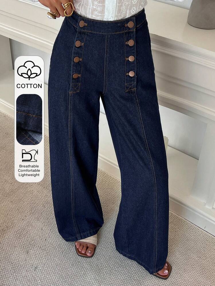Women's Solid Color Metal Buckle Decor Casual Jeans