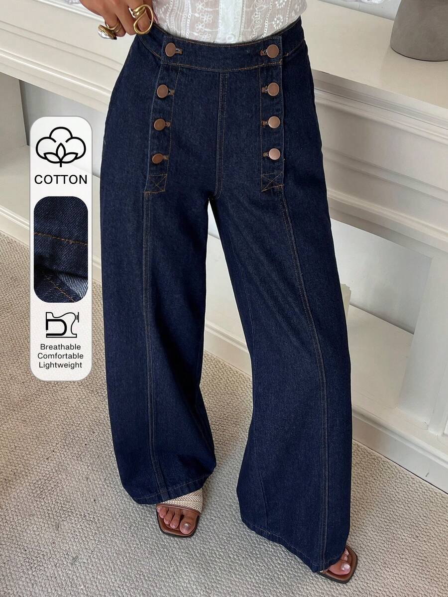 DAZY Women's Solid Color Metal Buckle Decor Casual Jeans - Blue - View 1