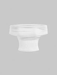 SHEIN Teen Girl Versatile Solid White Fitted Crop Top, Summer Casual Wear, High Neck Off-Shoulder Design, Elegant For Festivals, Countryside, Beach Vacation, Afternoon Tea And Other Occasions, Dignified Style, Suitable As Dancewear Or Cute Top - White - View 6