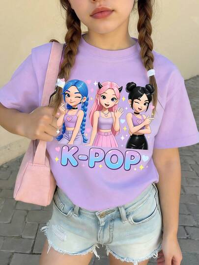 Spring And Summer Girls' Casual Fashionable Creative Personality Refreshing Minimalist Cool Virtual Girl Group Character Star Heart Shaped Slogan Graphic Print Casual Basic Purple Short T-Shirt, Comfortable Daily Wear, Suitable For Spring, Summer And Autumn