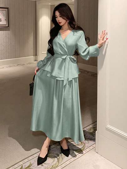 DAZY Women's Elegant Solid Color V-Neck Belted Shirt And A-Line Skirt 2-Piece Set, Spring/Summer