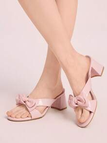 CUCCOO DOLLMOD Sandalias de tacón grueso con puntera redonda, decoración de lazo, de cuero sintético rosa pálido, con estilo tierno y apropiadas para primavera y verano - Polvo tierno - Ver 4