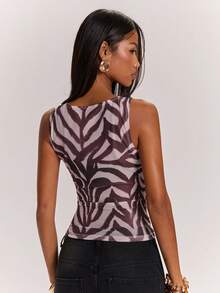 SHEIN BAE Áo tank top không tay in họa tiết lưới màu tím/Áo in họa tiết ngựa vằn/Áo gợi cảm/Áo đi club/Áo đi chơi/Áo dự lễ hội âm nhạc/Áo dự tiệc thường ngày/Áo mùa hè/Áo màu tím cà tím - Màu đỏ tím - Xem 2