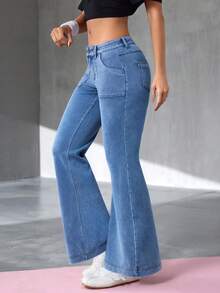 Flexra 女士休闲时尚街头日常通勤低腰喇叭牛仔裤 - 藍色 - 查看 5