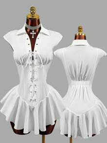Mistrie Robe courte pour femmes de couleur unie avec manches courtes et cordon de serrage - Blanc - Voir 6