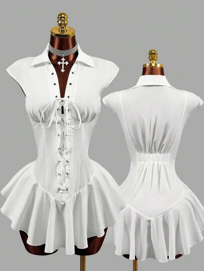 Mistrie 女士纯色抽绳短袖连衣裙