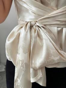 Selianne Women's Elegant V-Neck Sleeveless Wrap Tie Camisole Top, Pleated Satin Champagne Color, Unique Design, Suitable For Spring/Summer Vacation - Champagne - View 5