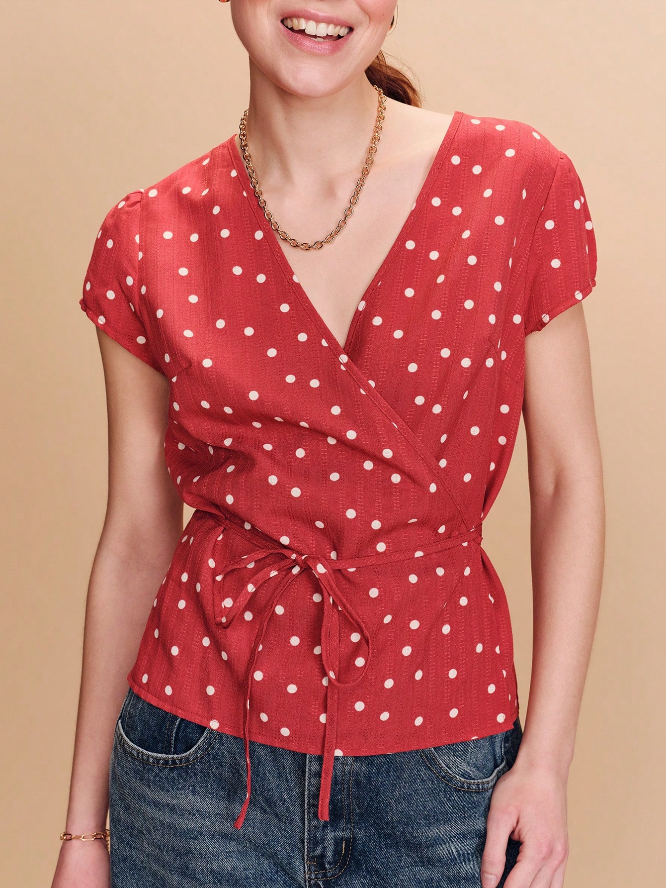 Red Polka-Dot Wrap Top With A Cute And Chic V-Neck Style Business Casual Top Polkadot Top Cute Summer Top Spring Summer French Style Parisian Style Women S Tops And Blouses Work Outfits Women Women Tops