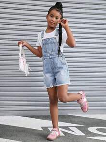 少女休闲时尚简约做旧牛仔背带短裤和连体裤 - 藍色 - 查看 4