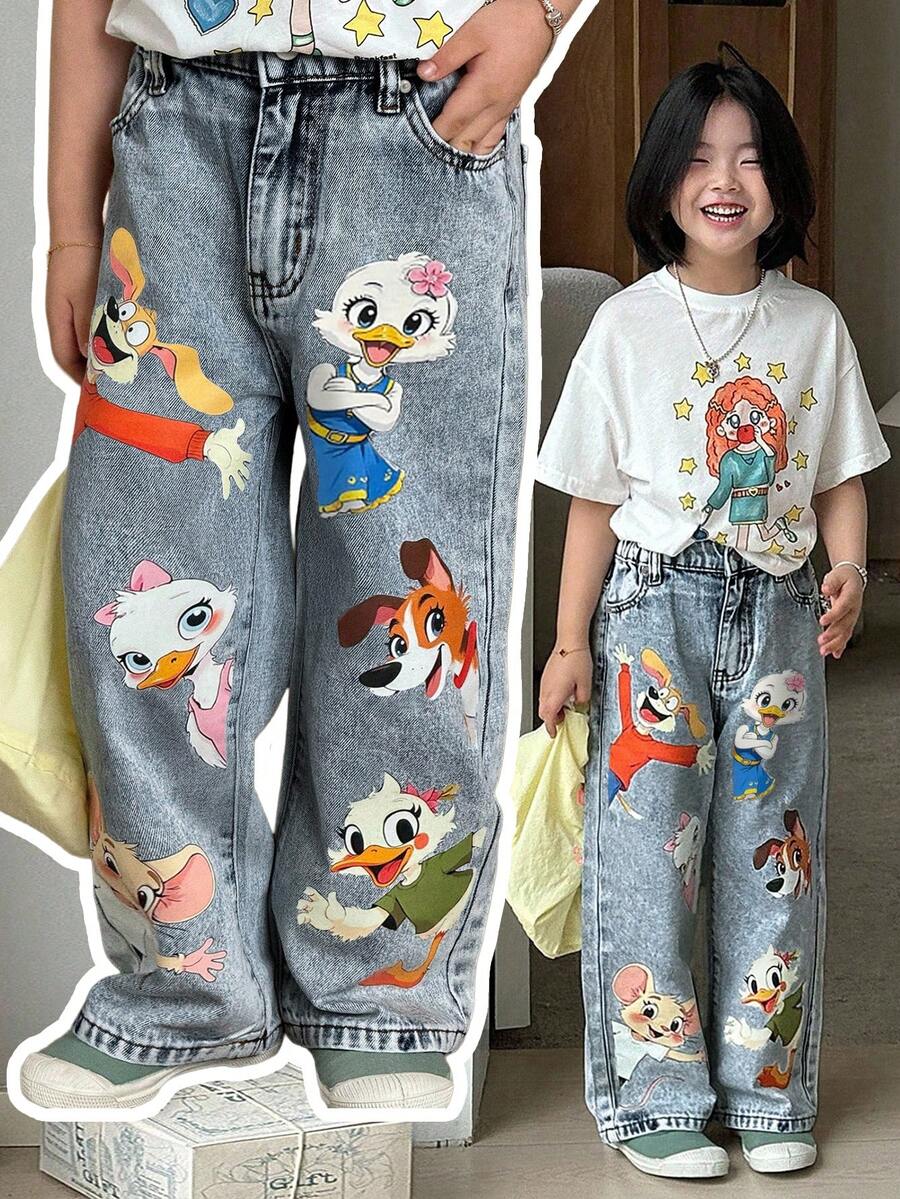 SHEIN Playful Pals Quần Jeans Ống Thẳng Màu Xanh Nhạt In Họa Tiết Động Vật Hoạt Hình Dễ Thương Cho Bé Gái Thời Trang Thường Ngày Đa Năng - Rửa nhẹ - Xem 1