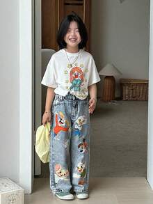 SHEIN Playful Pals Quần Jeans Ống Thẳng Màu Xanh Nhạt In Họa Tiết Động Vật Hoạt Hình Dễ Thương Cho Bé Gái Thời Trang Thường Ngày Đa Năng - Rửa nhẹ - Xem 5