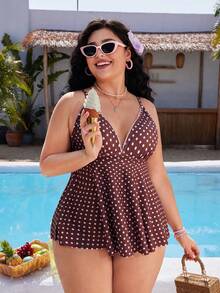 Swim Mod Plus Size Women's Polka Dot Print Deep V-Neck Ruffle Top Paired With Regular Trousers, Flattering Silhouette Beach Atmosphere Women's Swimwear Set - Multicolor - View 3