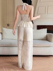 DAZY Women's Elegant Lace Sleeveless Top And Straight Leg Pants 2 Pieces Set, Spring/Summer - Beige - View 2