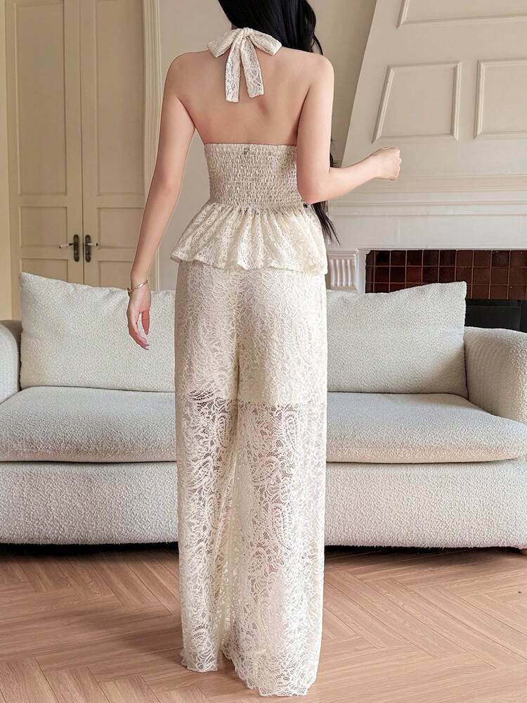 Women's Elegant Lace Sleeveless Top And Straight Leg Pants 2 Pieces Set, Spring/Summer