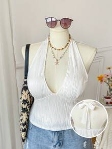 SHEIN EZwear 大码纯色吊带系腰露背短款上衣 - 米色 - 查看 10
