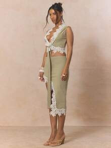 MUSERA Deep V Lace Trim Tie Up Top With High Waist Asymmetric Lace Trim Midi Skirt Coord Sold As Set Cute Spring Holiday Girly Sugar Salt - Army Green - View 3