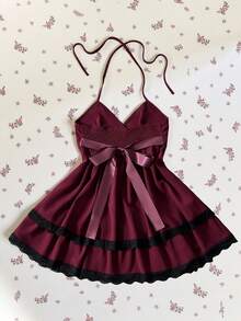 Elamini Women's Deep V-Neck Lace Splice Spaghetti Strap Tie Waist A-Line Loose Romantic Date Mini Dress, Sexy European Style, Summer - Burgundy - View 2