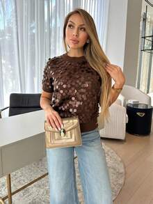 Cioccolato 时尚百搭亮片装饰短袖针织上衣 - 棕色 - 查看 2