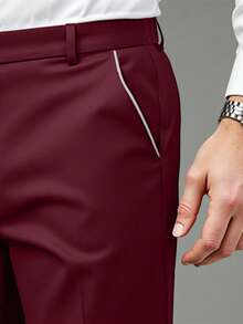 Calvornis 男士商务休闲西装裤，口袋设计，送给男朋友或老公的完美礼物。男士纯色休闲锥形西装裤，男士黑色修身正装裤，独特男士黑色正装裤，男士长裤 - 酒紅色 - 查看 5