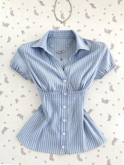 Elamini Women's Striped Collared V-Neck Short Sleeve Blouse, Spring/Summer Blue Striped Shirt Women Blouses Short Sleeve Women Shirts Summer Camisas For Women Sexy Shirt Women Shirts For Summer