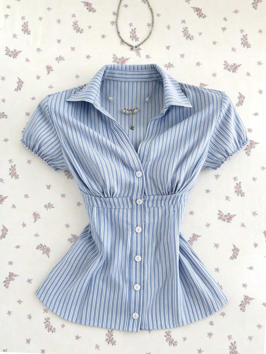 Mori Grove Mori Grove Women's Blue White Stripe Collared V-Neck Short Sleeve Blouse,Summer Elegant And Classy School Back-To-School Striped Shirt Camisas For Women - Blue - View 1