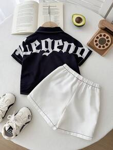 2pcs Baby Boys/Girls Casual Street Chic Letter Print Short Sleeve Shirt & Elastic Waist Shorts Co-Ord Set, Suitable For Spring/Summer, Outdoor Play, All Seasons,Streetwear,Suitable For Spring/Summer,My First Easter - Black and White - View 3