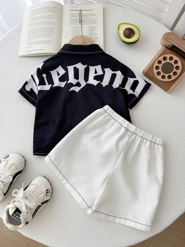 Bubblio 2pcs Baby Boys/Girls Casual Street Chic Letter Print Short Sleeve Shirt & Elastic Waist Shorts Co-Ord Set, Suitable For Spring/Summer, Outdoor Play, All Seasons,Streetwear,Suitable For Spring/Summer,My First Easter