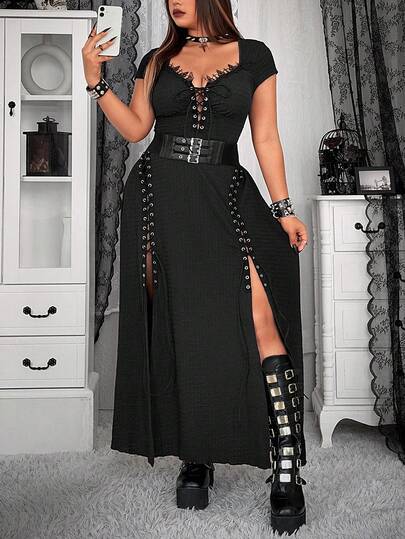 Whyspr Casual Elegant Dark Punk Rock Mechanic Eyelet Lace-Up Rivet Fitted Maxi Black Dress For Plus Size Women