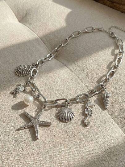 Resyla 1pc 18K Gold Plated Handmade Ocean Style Pearl, Starfish & Shell Geometric Pendant Necklace, Suitable For Everyday Wear And Gifting (Pearl Size And Shape Are Random Handmade Items)