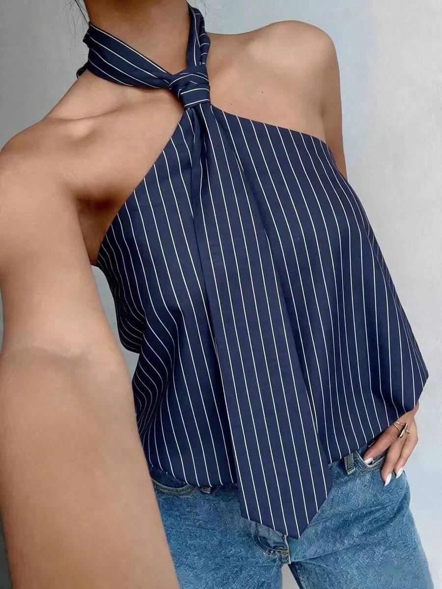 SHEIN Jeanoir 女士条纹时尚无袖露背上衣 - 彩色 - 查看 1