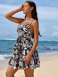 Swim Vcay V领露背松紧腰不对称印花A字连衣裙 - 黑與白 - 查看 4