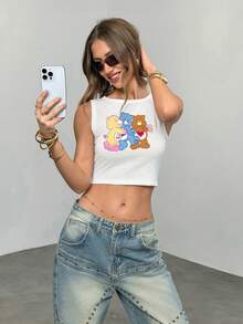 SHEIN X Care Bears 女士圆领短款修身休闲背心 - 白色 - 查看 3