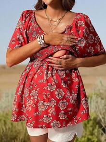 Boho Mama Áo cho con bú in hoa dành cho phụ nữ mang thai, thích hợp mặc thường ngày khi đi nghỉ mát. - Đỏ - Xem 1