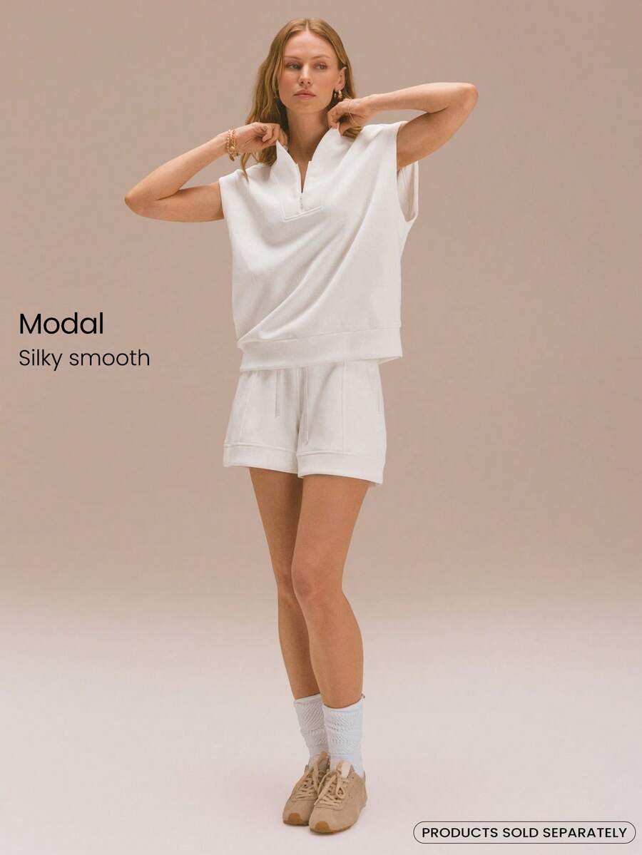 GLOWMODE SoftSerene 莫代尔 Easy Does It 柔软丝滑透气半拉链短袖卫衣 日常休闲装 - 白色 - 查看 1