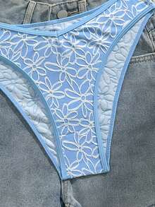 Swim Mod 两件套女士夏季沙滩可爱甜美度假针织提花花卉吊带上衣和V领三角比基尼套装 - 藍色 - 查看 5