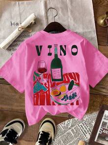 DrmWander 女士T恤，休闲街头风印花短袖T恤，可爱夏季上衣 - 玫紅色 - 查看 3