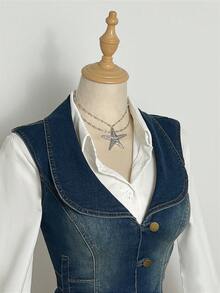 Elamini Y2K Fashion Casual Retro Lapel Open Front Denim Vest - Medium Wash - View 6