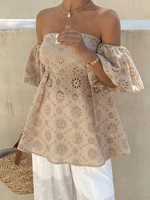 Livesso Women's Off-Shoulder Embroidered Pleated Fashionable Versatile Daily Wear Blouse - White - View 4