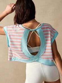 VARSIVA Contrast Stripe Hollow Back Casual Sports T-Shirt - Multicolor - View 3