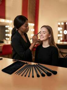 13Pcs Makeup Brush Set With 1 Puff & 1 Sponge - Foundation Eyeshadow Concealer Blush Powder Brushes, Full Beauty Tool Kit For Women - Black - View 3