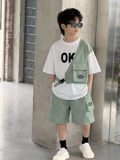 Conjunto de 2 piezas de moda casual deportiva para niño preadolescente con estampado de letras, que incluye una camiseta de cuello redondo y un short, adecuado para ropa de niño, ropa de vuelta al colegio, fiestas de cumpleaños, fiestas, actuaciones, bodas, bautizos, uso diario, viajes y deportes, apropiado para la temporada de primavera y verano