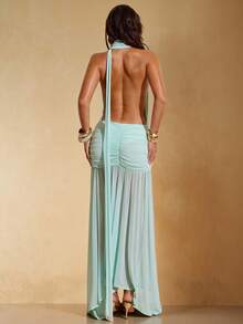 SHEIN BAE 女士休闲度假宽松网纱垂褶领口褶皱下摆不对称下摆连衣裙，绿色连衣裙，沙滩裙，海滩度假，海滩度假村，优雅性感连衣裙 - 薄荷綠 - 查看 2