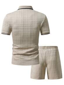 EGENSIO Men's Jacquard Solid Color Textured Ribbed Collar 3-Button Polo Shirt Set - Apricot - View 2