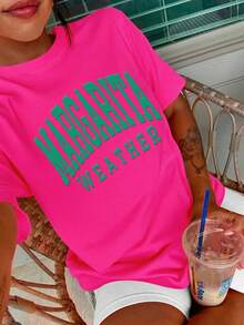 SHEIN LUNE Plus Size Women Letter Print Round Neck Short Sleeve Casual Versatile T-Shirt - Hot Pink - View 4