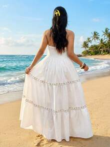 GalTyme Plus Size Women Casual White Summer Boho Beach Holiday Dress,100% Cotton Comfortable Chic Elegant V-Neck Maxi Dress For Wedding,Party,Vacation - White - View 4